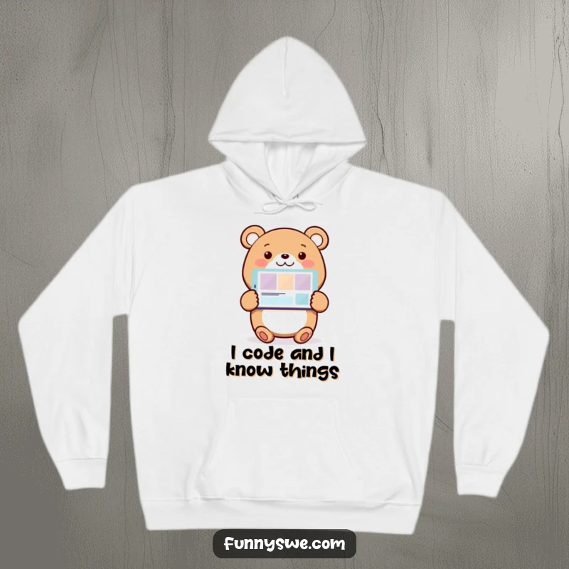 Funny Bear Web Designer Hoodie: A happy bear character gestures towards a website design on a monitor, blending warmth and tech humor.