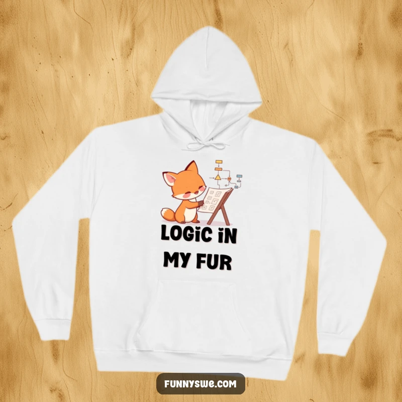 Funny fox hoodie design of a curious canine examining a complex flowchart, offering cozy humor for deep thinkers.