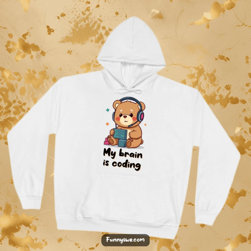 Funny Kawaii bear developer hoodie, wearing headphones, enthusiastically dragging and dropping code blocks, a warm and humorous apparel.