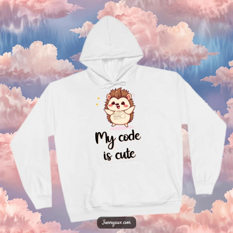 Funny kawaii hedgehog happily displaying website code with a flourish and a celebratory dance, designed for cozy warmth.