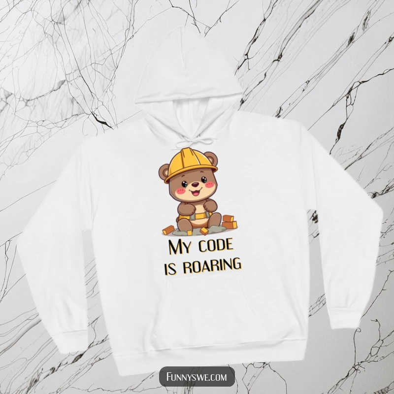 Funny bear character in hard hat, focused on building virtual structure, cozy hoodie, construction theme, ideal funny gift.
