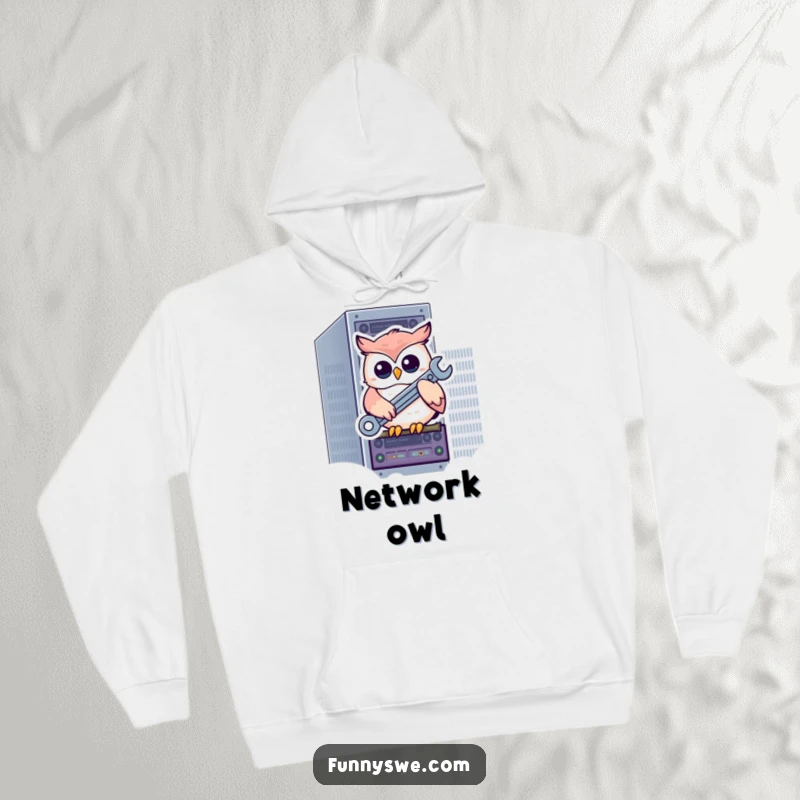 Funny kawaii owl on a server rack holding a wrench, ready to repair, a cozy and humorous hoodie for tech pros.