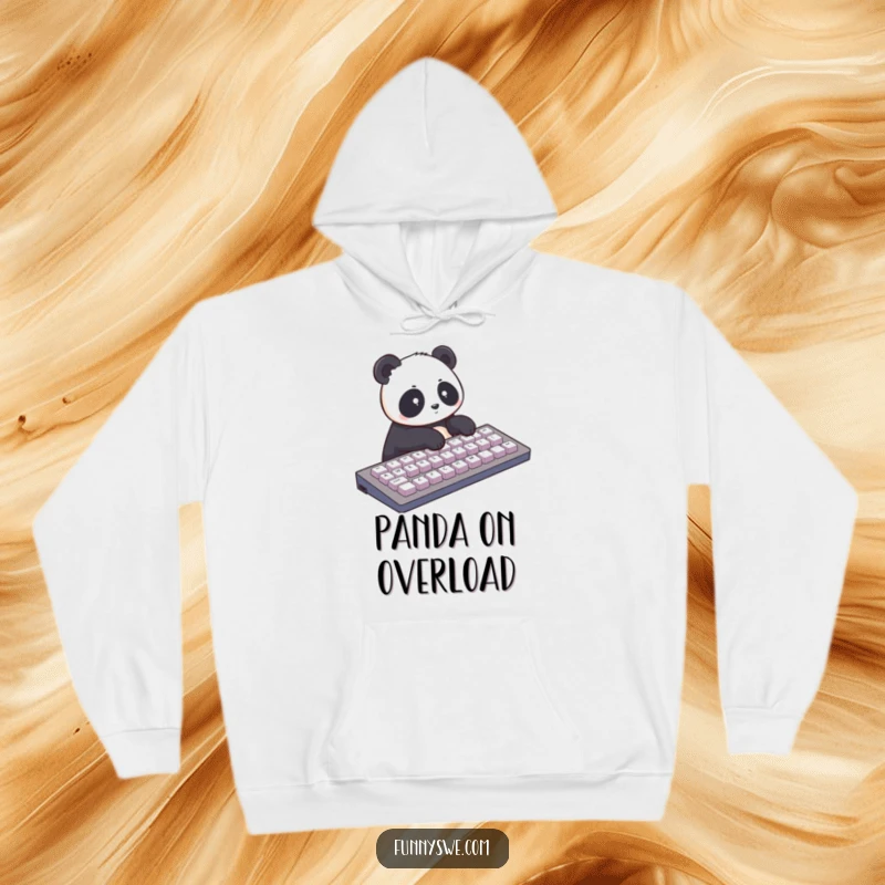 Funny hoodie showing a panda typing furiously on a huge keyboard. Comfortable and humorous tech wear.
