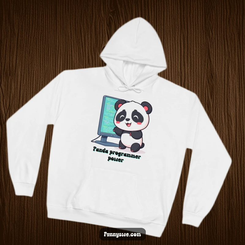 Funny hoodie featuring a Kawaii panda enthusiastically pushing code into a computer monitor, perfect for tech comfort.