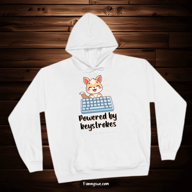 Funny hoodie featuring a happy animal typing on a glowing keyboard, radiating light, a warm gift.