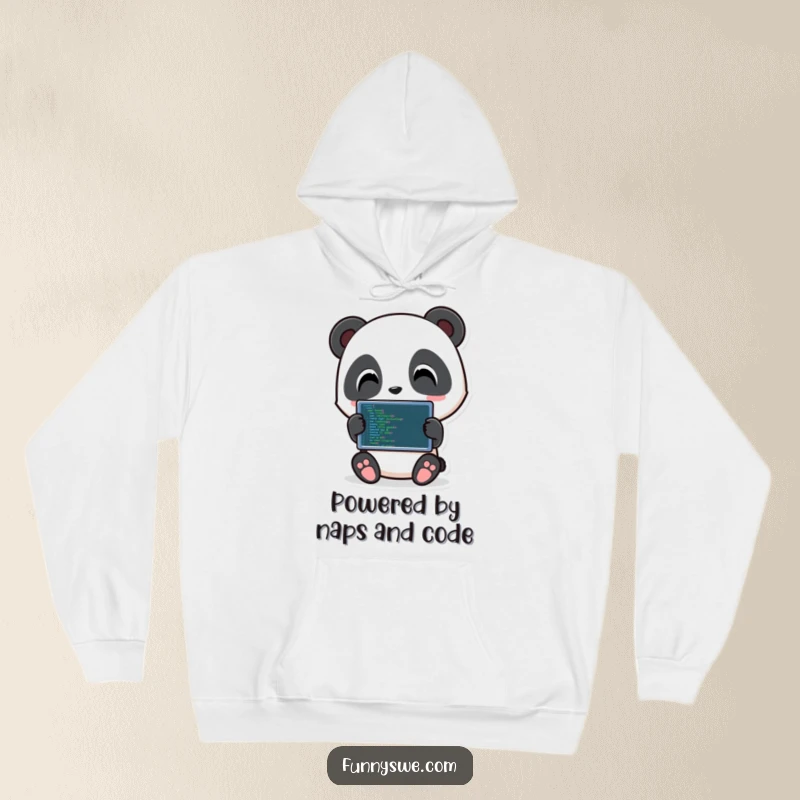 Funny Panda Coder Hoodie: Playful panda character holding a tablet displaying code, comfortable and humorous apparel.