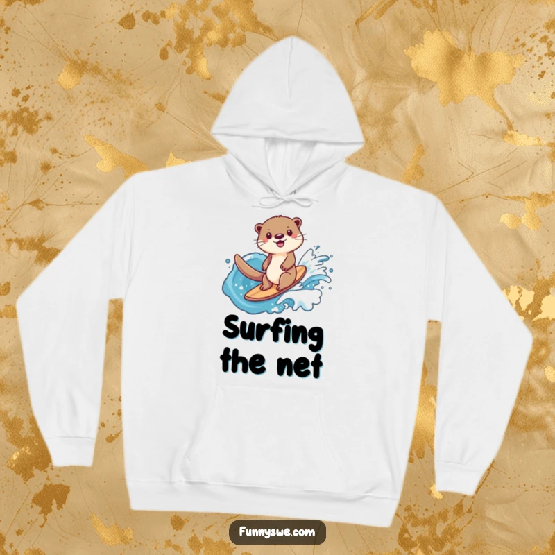 Funny happy otter wearing a hoodie, surfing effortlessly on a data wave, symbolizing comfort and mastery in the digital realm.
