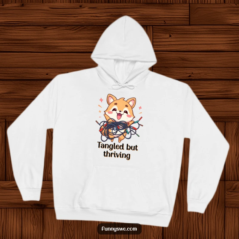 Funny hoodie featuring an energetic animal enthusiastically holding a tangled mass of wires, a cozy tech gift.