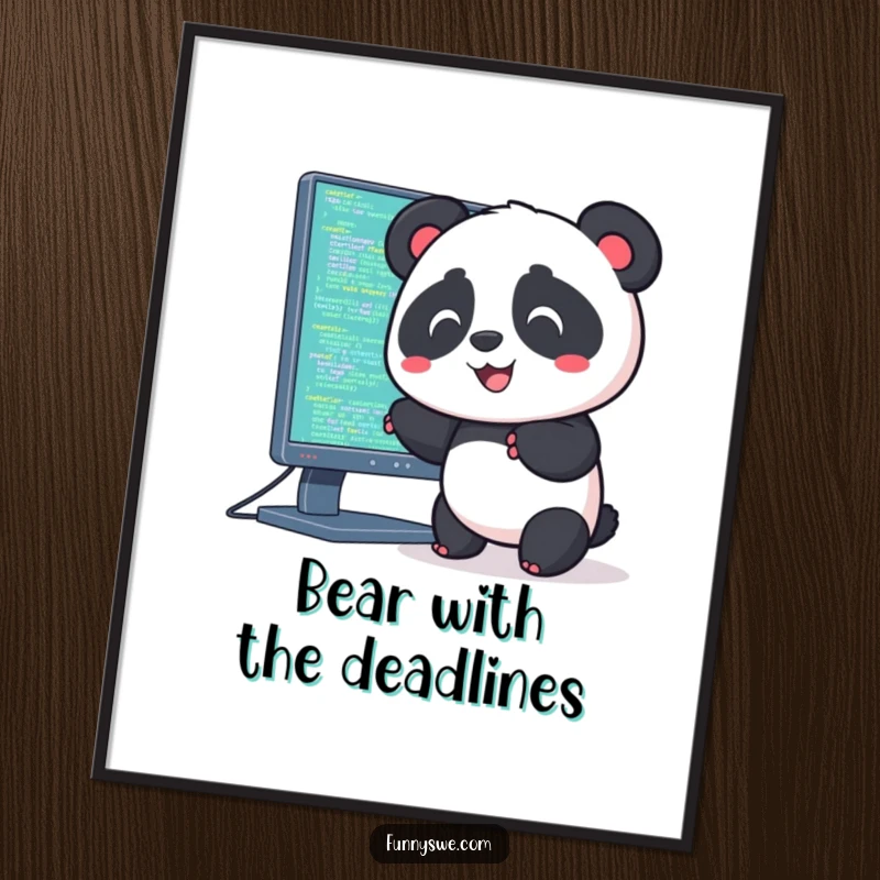 Funny Free Printable Wall Art of a Kawaii panda with a grin, pushing code into a giant computer monitor, celebrating tech creativity.