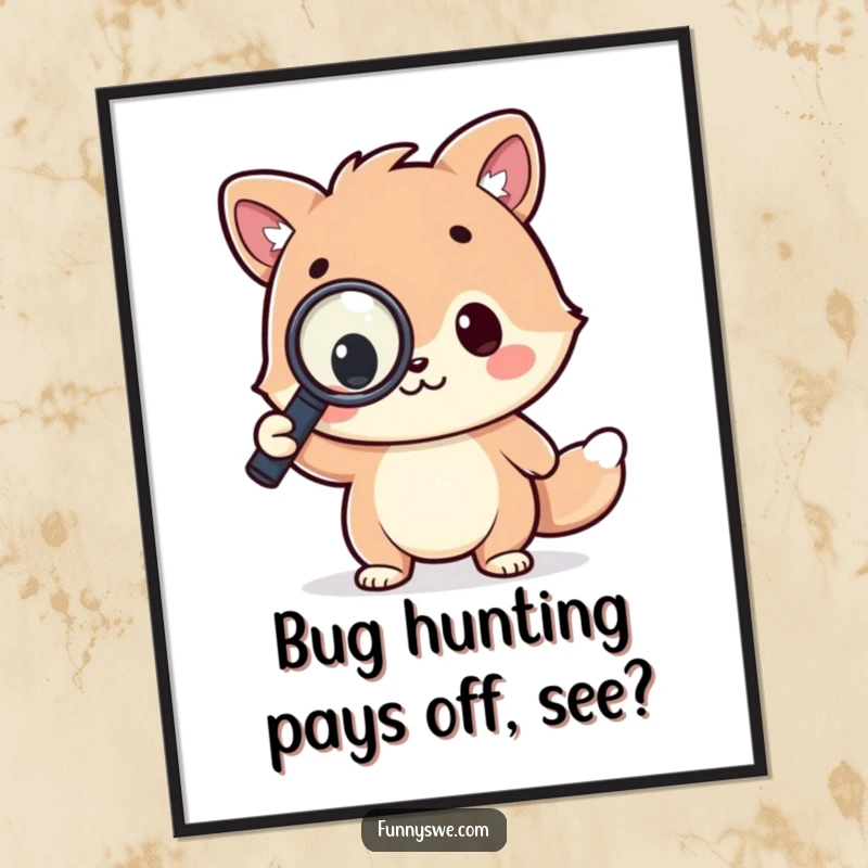 Funny Free Printable Kawaii Coder Wall Art: A kawaii animal triumphantly holding a magnifying glass over code, celebrating discovery.