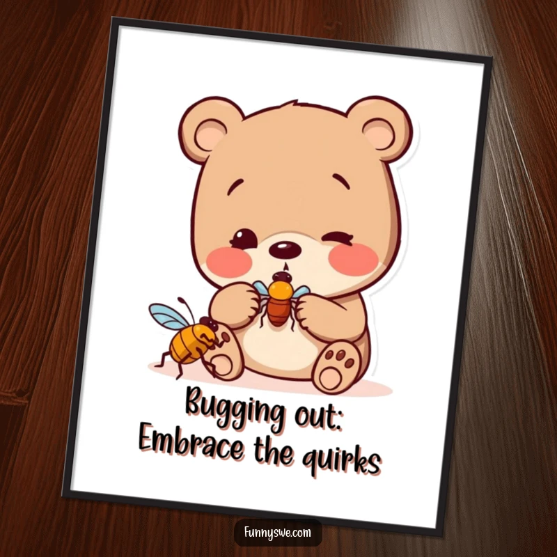 Funny Free Printable Wall Art of a curious bear character playfully examining a digital bug icon with intrigue.