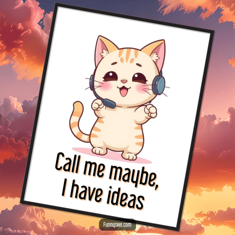 Funny Free Printable Cat Wall Art: A playful cat with a headset gestures excitedly while pointing towards a glowing screen.