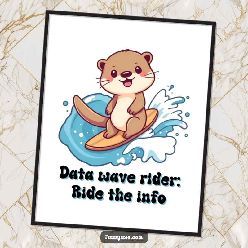 Funny Free Printable Wall Art of a happy otter character skillfully surfing on a vibrant wave composed of digital data.