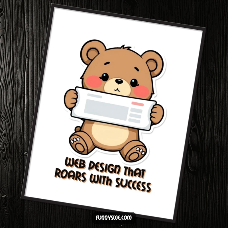 Funny free printable wall art of a determined bear proudly displaying a completed website layout.