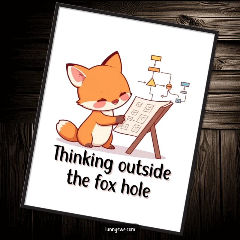 Funny Free Printable Wall Art of a curious fox examining a complex flowchart, bringing clever humor to any room.