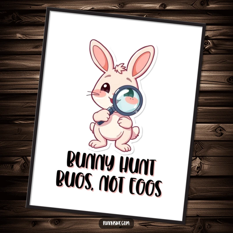 Funny Free Printable Wall Art: A bouncy bunny character holding a magnifying glass, on the hunt for system bugs.