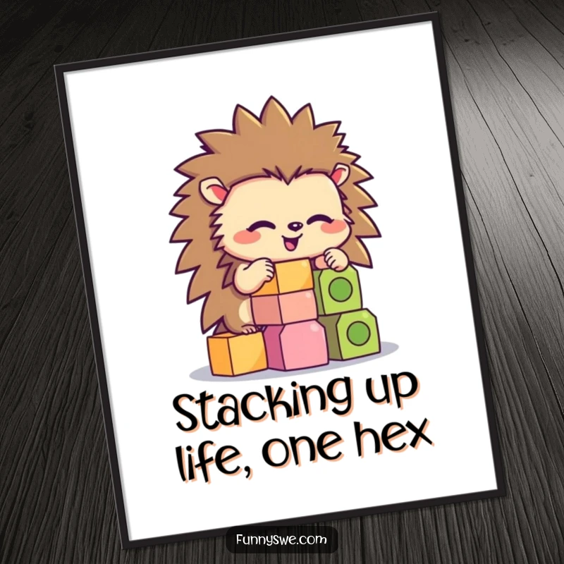 Funny Free Printable Wall Art: Hedgehog intently stacking hexagonal code blocks, focused expression, precise building, downloadable art.