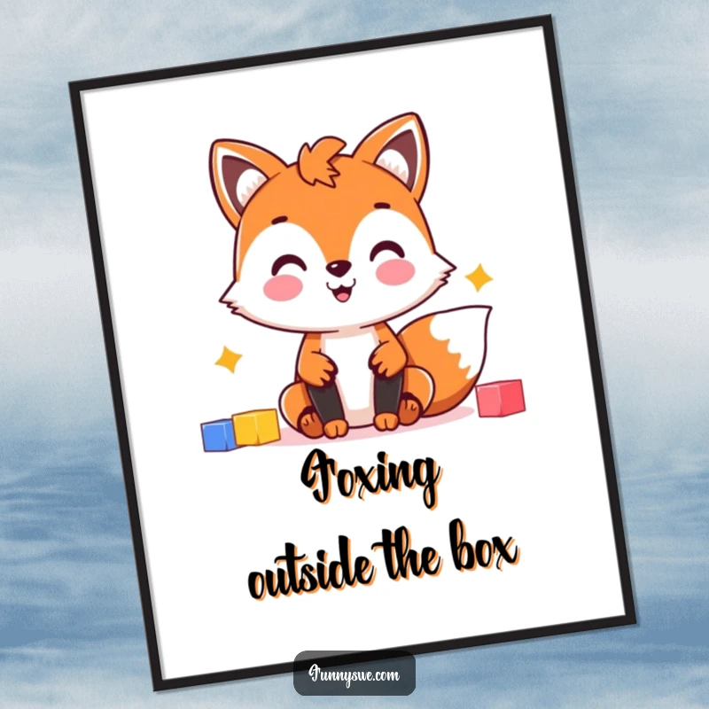 Funny Free Printable Wall Art: Cheerful fox character building a website with colorful blocks, perfect for designers.