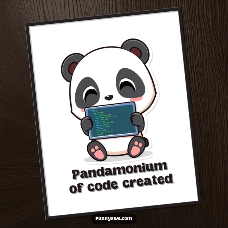 Funny Free Printable Wall Art: Playful panda character holding a tablet displaying code, perfect for tech lovers.