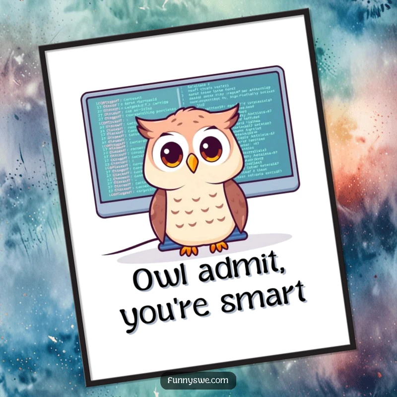 Funny Free Printable Wall Art: A curious owl intently examining lines of code on an enormous computer monitor.