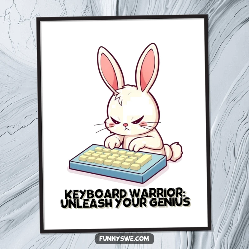 Funny Free Printable Wall Art of a bunny character intensely typing on a glowing keyboard, a tech humor digital art.