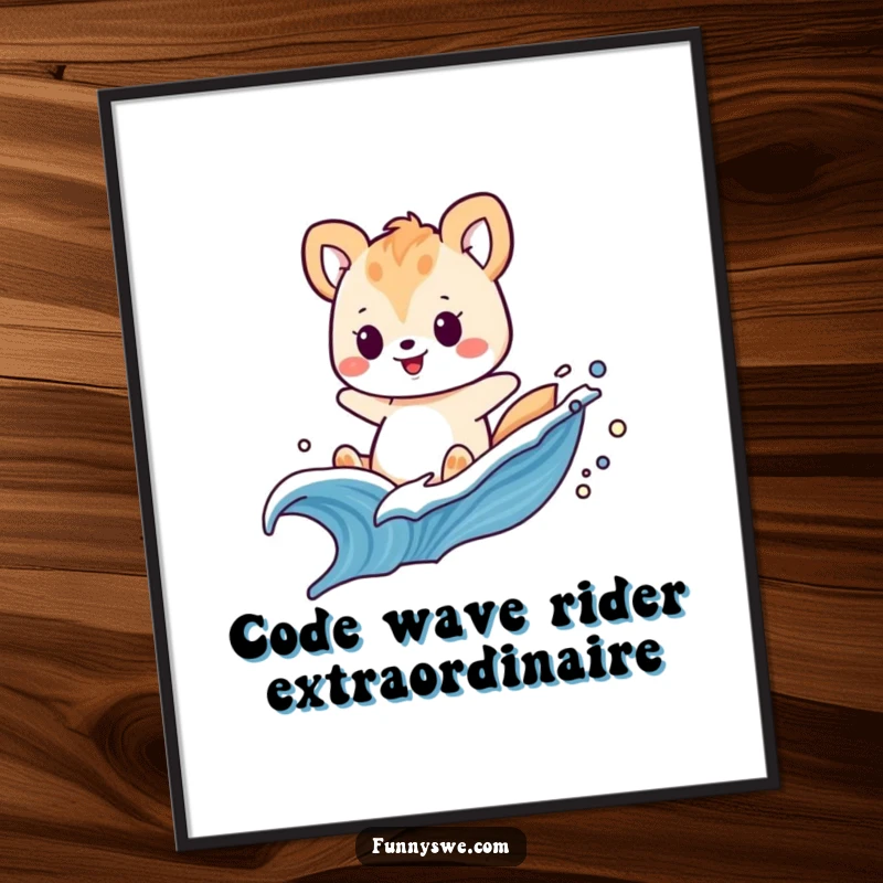 Funny free printable wall art of a playful animal riding a swooshing wave composed of glowing digital code, a vibrant piece.