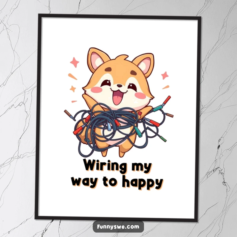 Funny free printable wall art of an energetic animal holding a jumbled mass of wires, a humorous and quirky piece.