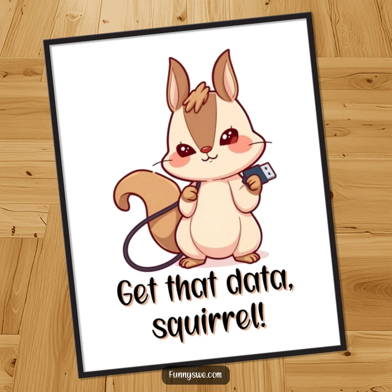 Funny free printable wall art of a giggling squirrel with a determined look, plugging in a USB drive, celebrating tech.