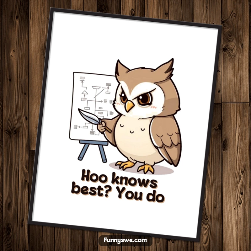 Funny Free Printable Wall Art: A sharp owl intently points with its feather pen at an intricate flowchart, symbolizing strategic thinking.