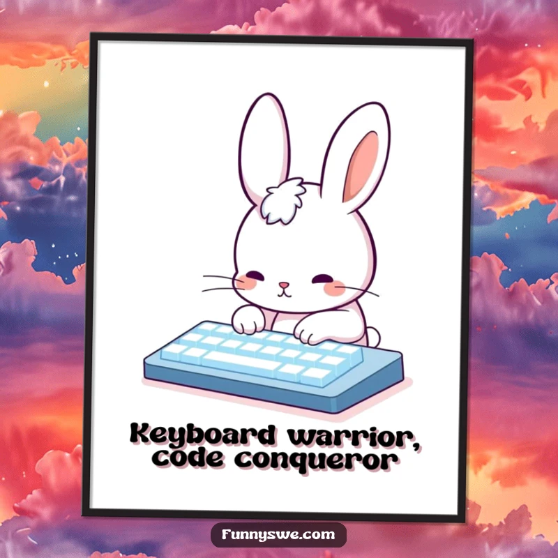 Funny Free Printable Wall Art: Cute rabbit coder typing furiously on a glowing keyboard, perfect for tech lovers.