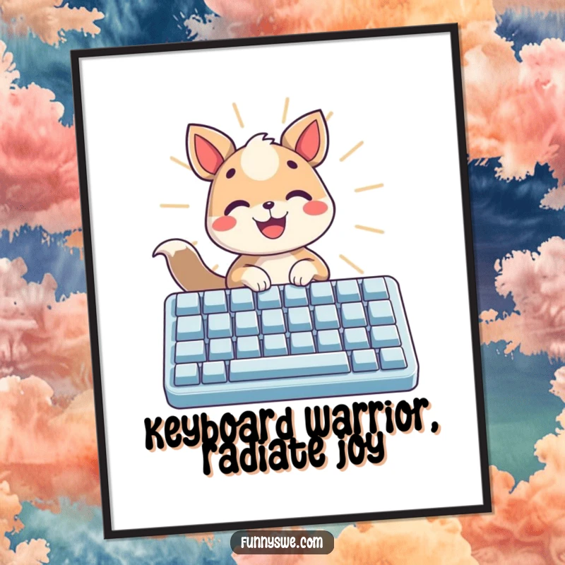 Funny free printable wall art of a happy animal typing on a giant keyboard, radiating light, a luminous and quirky piece.