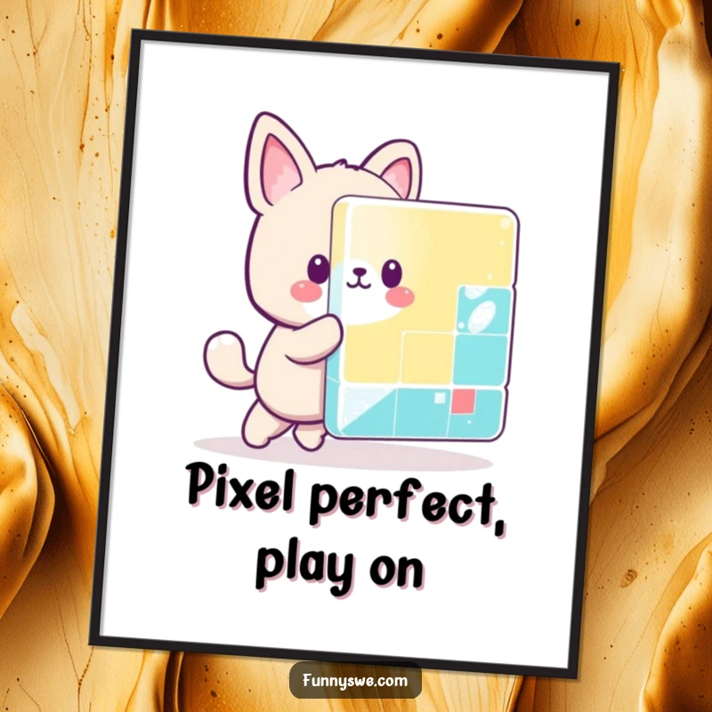 Funny Free Printable Wall Art: A kawaii animal character playfully pushing a giant colorful pixel block, a vibrant gaming statement piece.