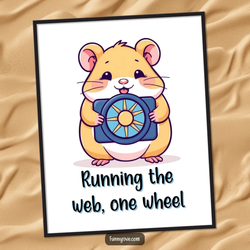 Funny Free Printable Wall Art of a happy hamster optimizing a website, bringing tech humor to any room.