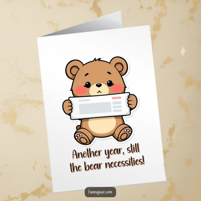 Funny free printable birthday card: a determined bear showing off a finished website layout with pride.