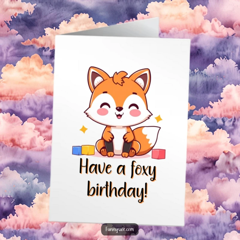 Funny Free Printable Birthday Card: Cheerful fox character building a website with colorful blocks, celebrating a birthday.