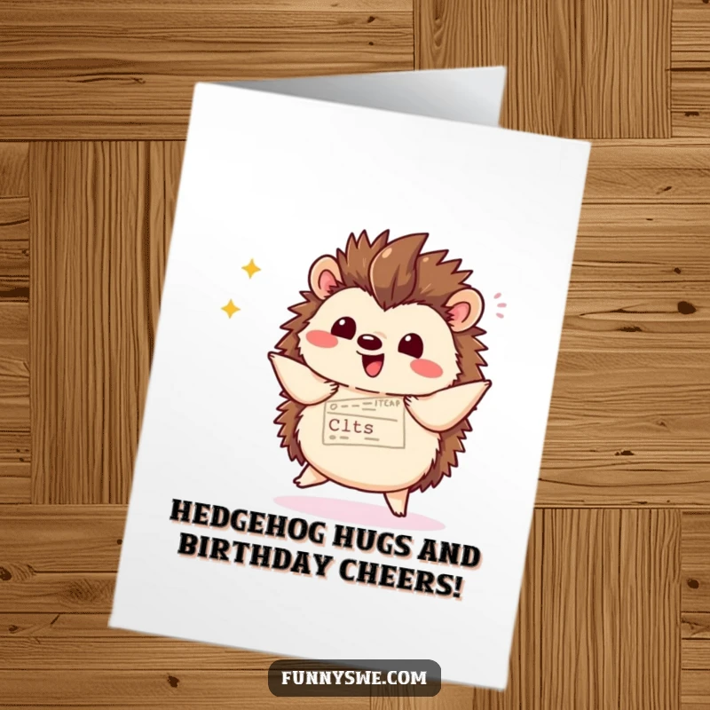 Funny Free Printable Birthday Card: Kawaii hedgehog happily dances while displaying vibrant website code with a stylish flourish.