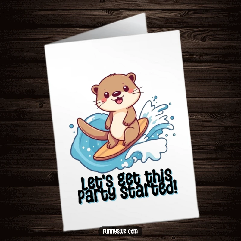 Funny Free Printable Birthday Card of a happy otter character joyfully surfing on a dynamic wave of digital data.