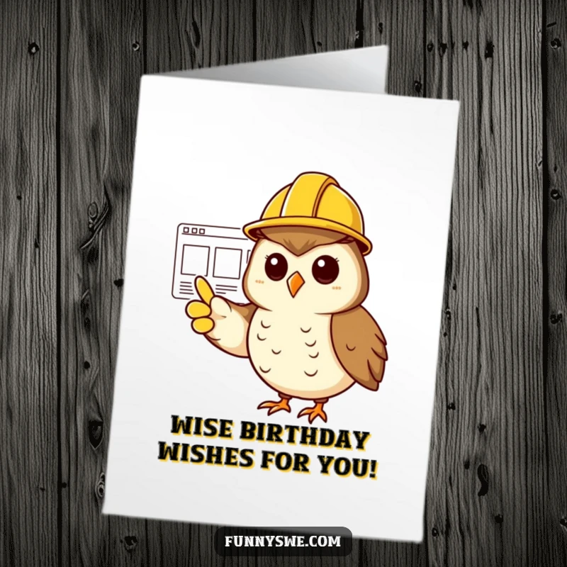 Funny Free Printable Birthday Card: A cheerful owl in a hard hat points at a website wireframe, planning a birthday.