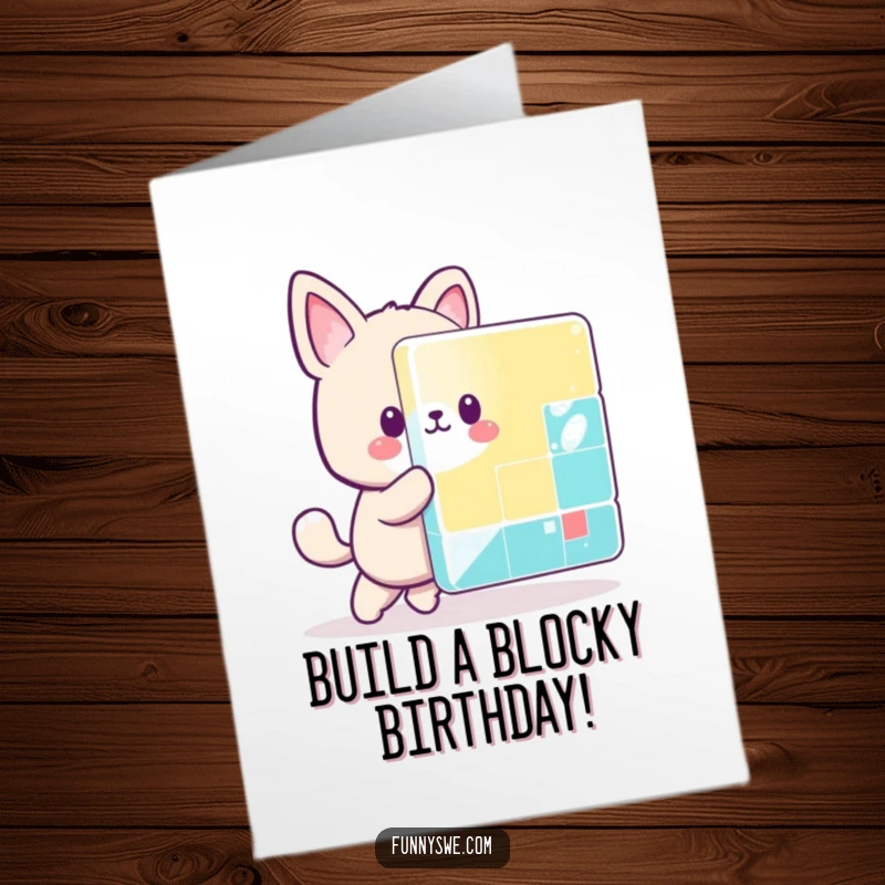 Funny Free Printable Birthday Card of a kawaii animal character playfully pushing a giant colorful pixel block, a retro gaming vibe.