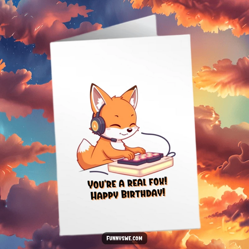 Funny Free Printable Birthday Card: A cute fox wearing a headset, intensely focused while typing rapidly on a brightly glowing keyboard.
