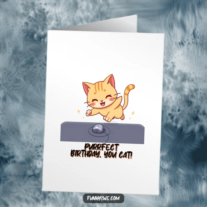 Funny Free Printable Birthday Card: Energetic cat playfully lunges at a computer mouse cursor on a glowing screen.
