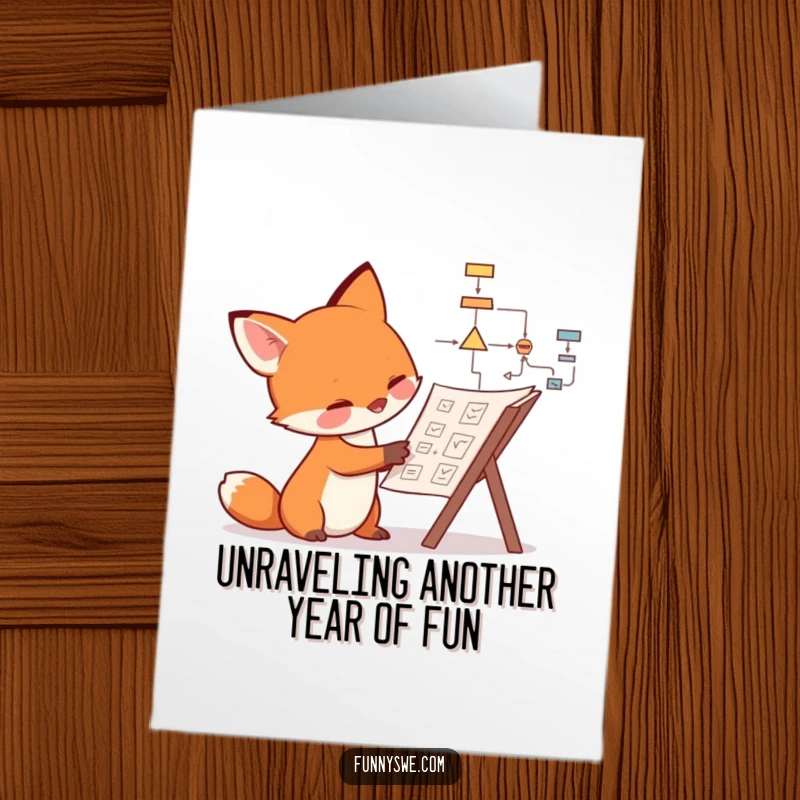 Funny Free Printable Birthday Card featuring a curious fox examining a complex flowchart, perfect for deep thinkers.