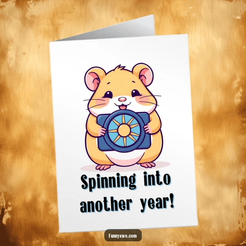 Funny Free Printable Birthday Card featuring a happy hamster optimizing a website with a tiny spinner, celebrating tech.