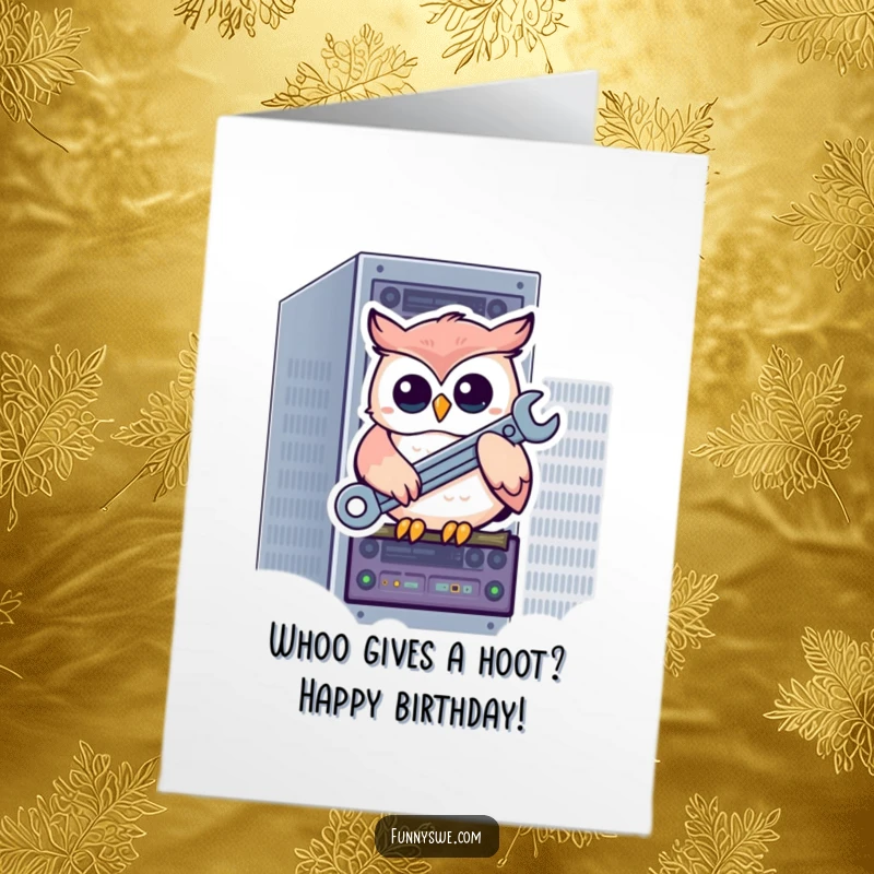 Funny Free Printable Birthday Card: Kawaii owl with a wrench sits on a server rack, ready for birthday repairs.