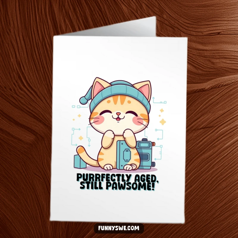 Funny free printable birthday card of a giggling cat in a beanie building a digital structure, radiating joy.