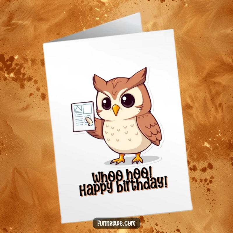 Funny free printable birthday card: clever owl character points to a detailed website blueprint.