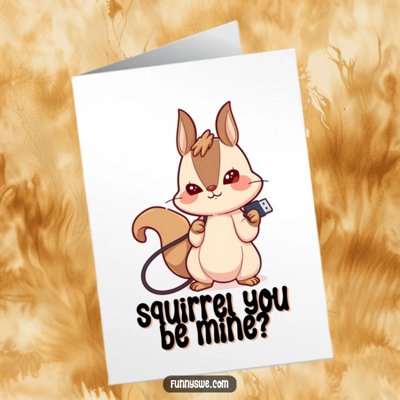 Funny free printable birthday card: a giggling squirrel determinedly plugging in a USB drive, ready for action.