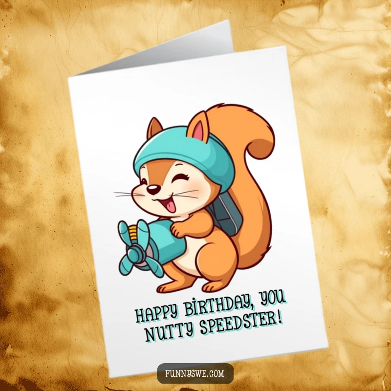 Funny free printable birthday card: a busy squirrel with a propeller pack rapidly uploading files.