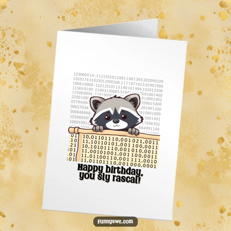 Funny free printable birthday card: a curious raccoon peeks over a tall wall made of scrolling code.