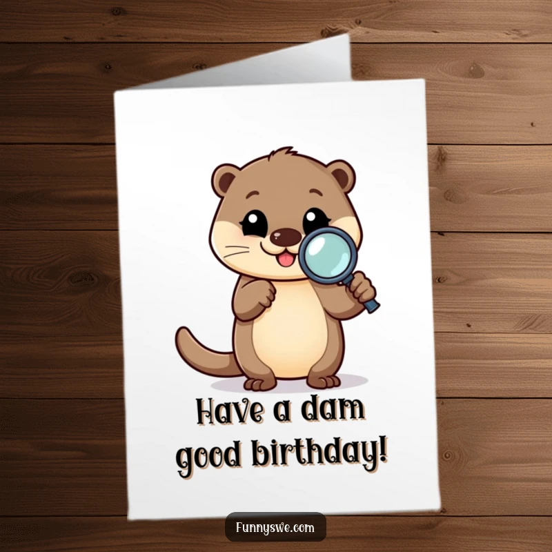 Funny Free Printable Birthday Card: Happy otter character intently debugging code with a magnifying glass, celebrating.